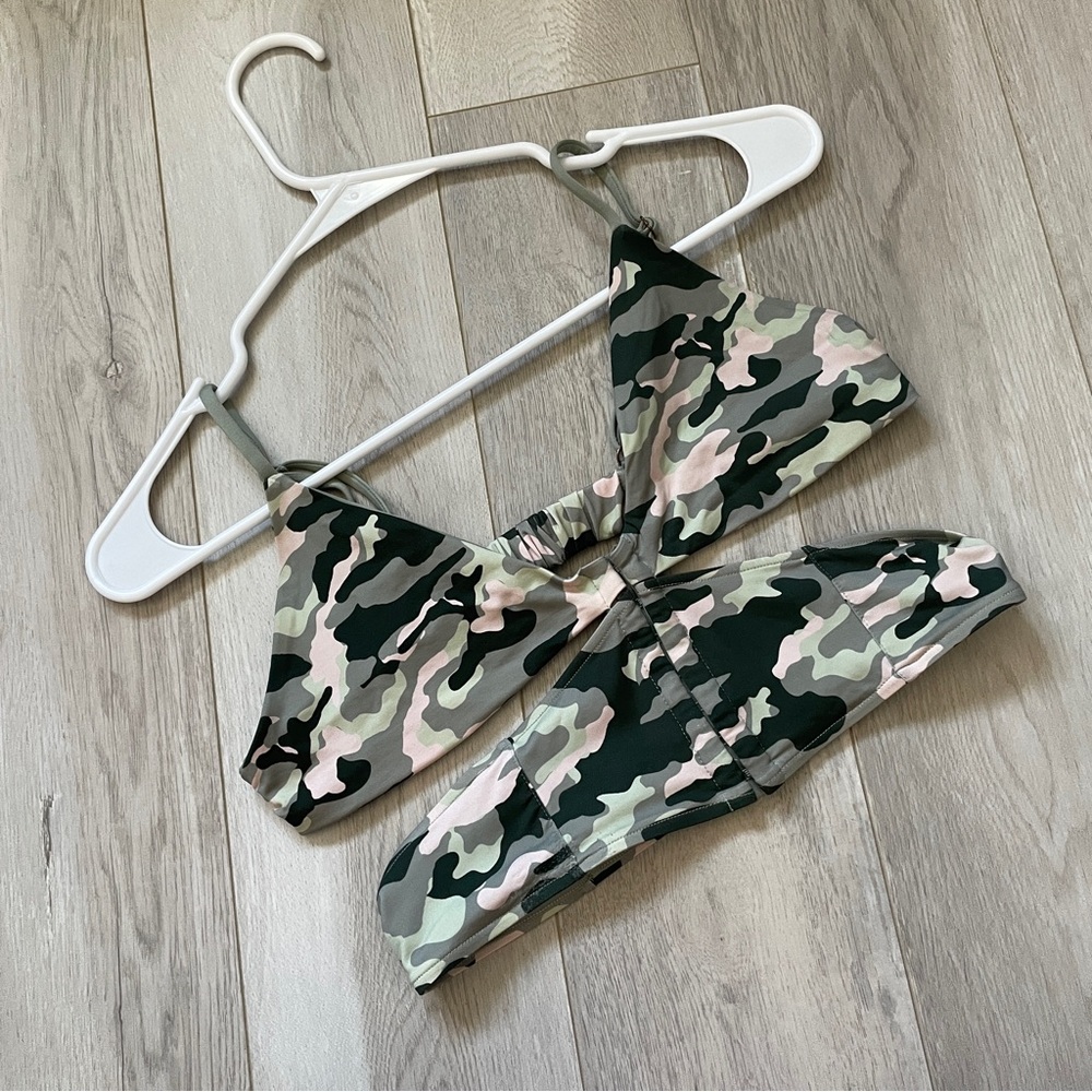 Frankies Bikinis Top camo cutout corset longline womens Green (large) swim beach